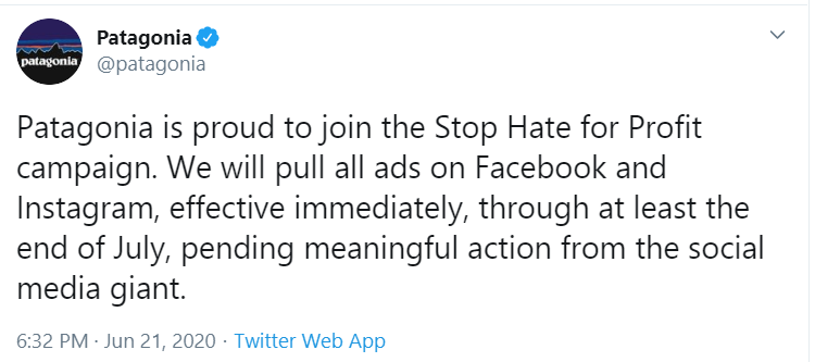 Patagonia tweet announcing Facebook ad boycott, 2020