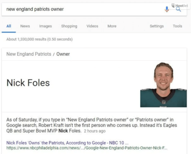 Google temporarily said Eagles quarterback Nick Foles was the owner of the New England Patriots